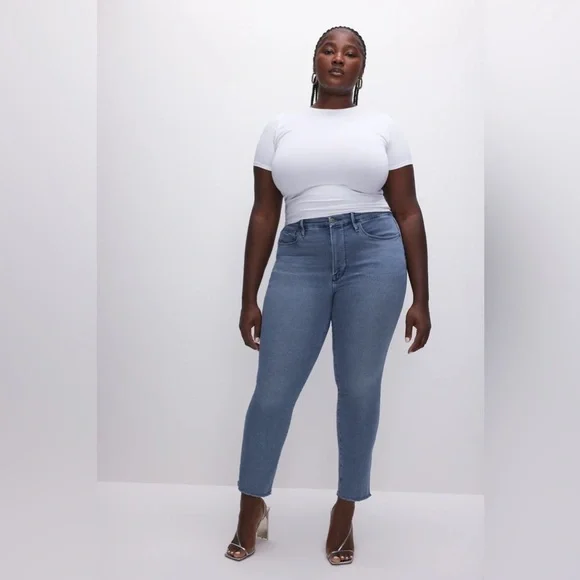 Good American Good Legs straight jeans Raw Hem High Rise Medium light blue wash - Picture 2 of 14